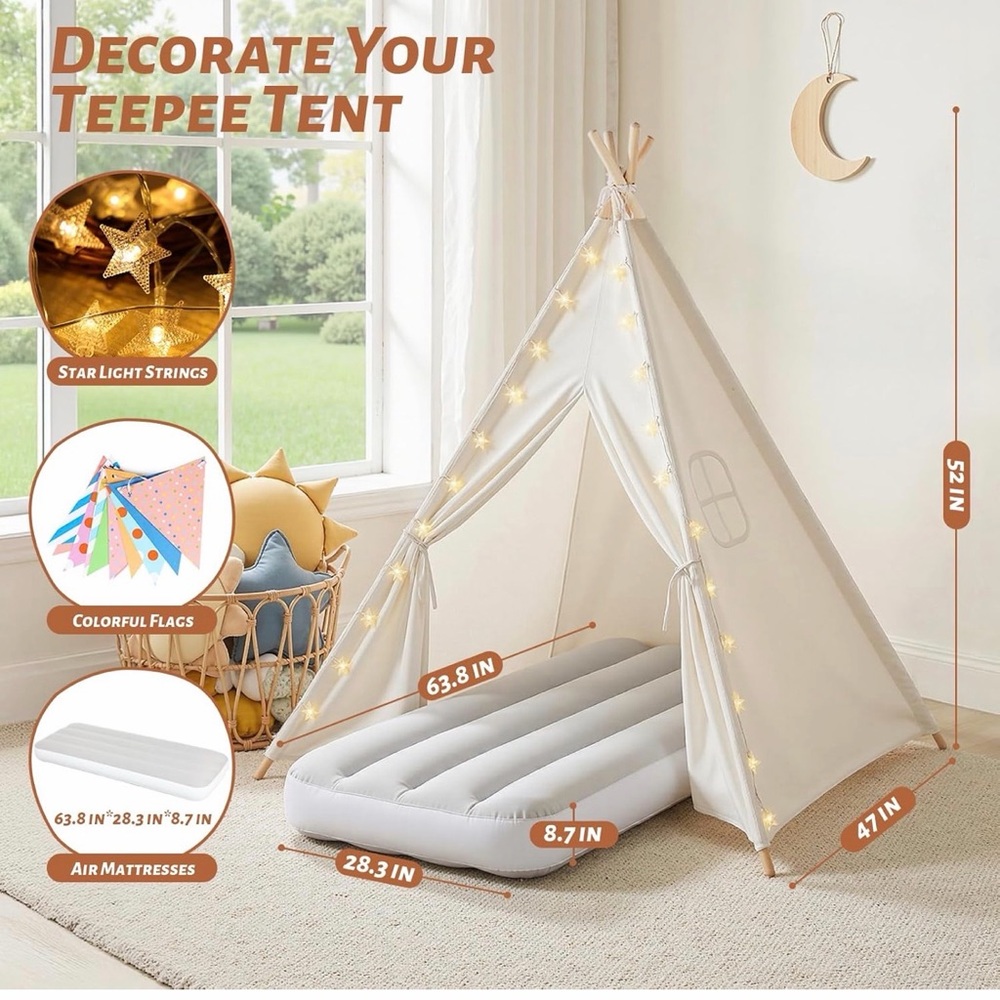 Cream Kids Teepee Play Tent with Matching Cream Inflatable Air Mattress
